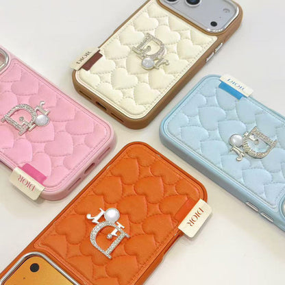 Dior Heart Quilted Leather Rhinestone Logo Luxury Electroplated Frame Phone Case